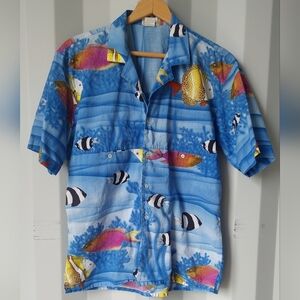 Neiman Marcus Vintage Fish Print Under the Sea Hawaiian Shirt Size Meduim